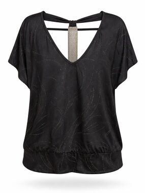 Reitmans Plus Black V-Neck Blouse 2X Rhinestone Back Detail Stretch Top